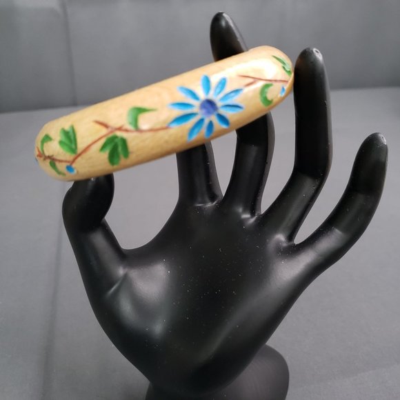 Wooden Bracelet Etched Floral Leaf Design Painted Size 7 1/2" Blue Green Brown - Picture 2 of 7